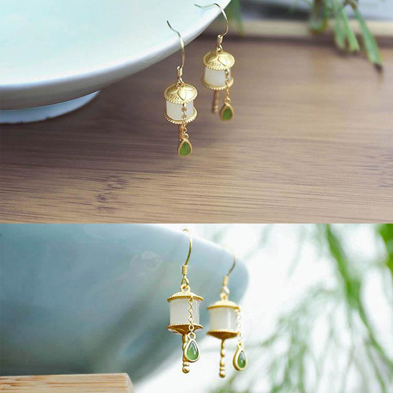 Ohrringe Jade Gebetsmühle Gold weiße Jade grüner Tropfen spiritueller Boho Schmuck