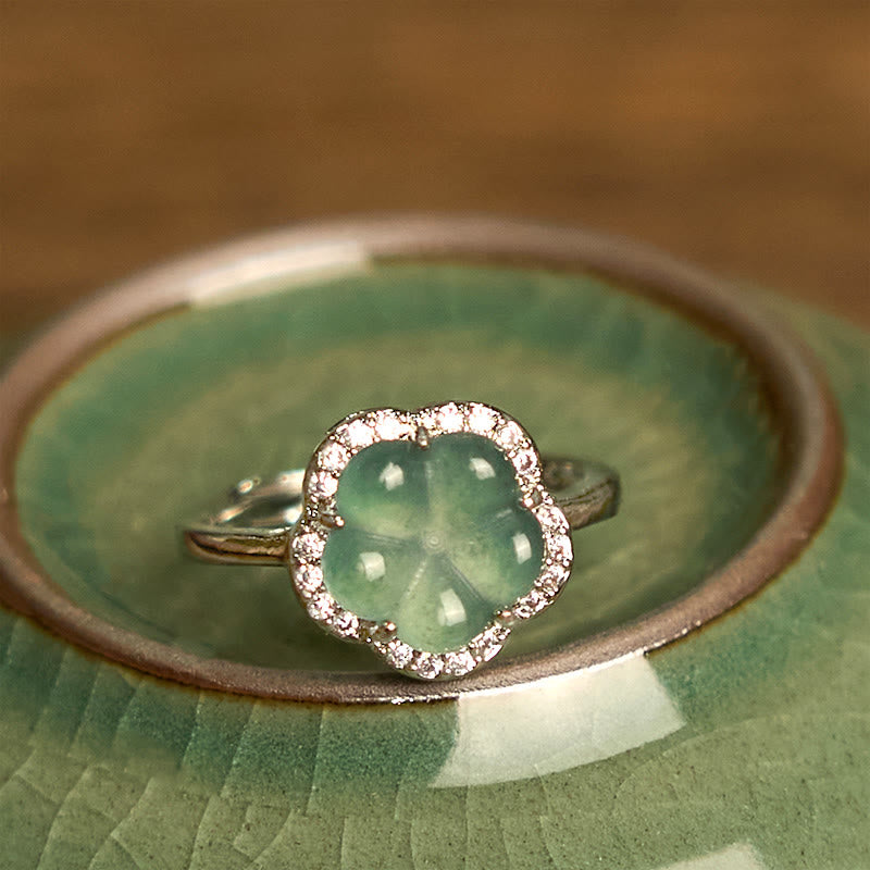 Ring aus Kupfer mit grünem Jade Blume und Diamanten