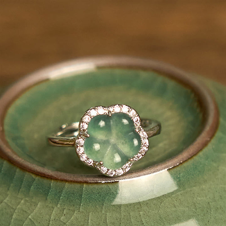 Ring aus Kupfer mit grünem Jade Blume und Diamanten