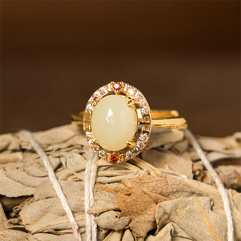 Eleganter Hetian Jade Ring Kupfer Zirkonia Glück Schutz