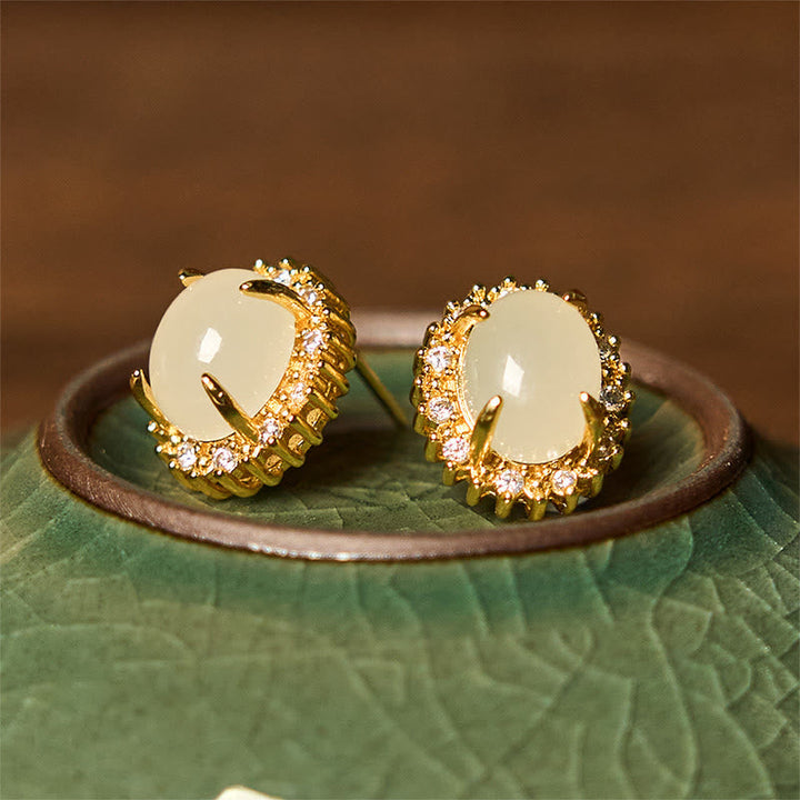 Ohrringe Hetian-Jade Kupfer Wohlstand goldene Fassung edler Schmuck spirituell