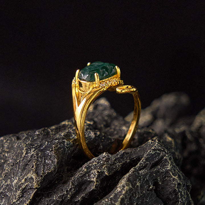 Ring Kupfer grüne Jade Blatt Wohlstand Fengshui Charm