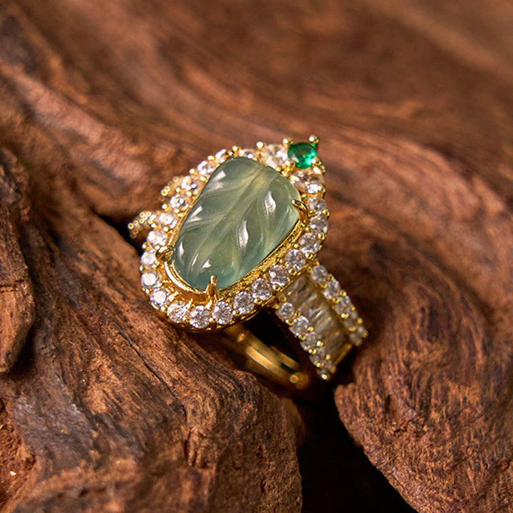 Ring Kupfer Vergoldet Jade Blatt Glück Kristall Fengshui Schmuck