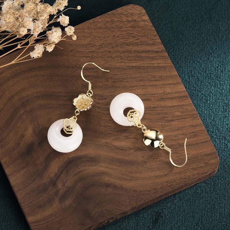 Ohrringe Weißer Jade Tropfen – Segen Gold Blüte Boho Schmuck spirituell
