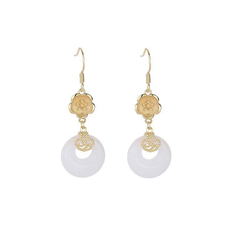 Ohrringe Weißer Jade Tropfen – Segen Gold Blüte Boho Schmuck spirituell