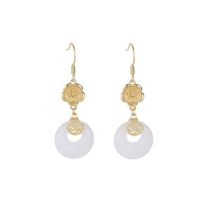 Ohrringe Weißer Jade Tropfen – Segen Gold Blüte Boho Schmuck spirituell
