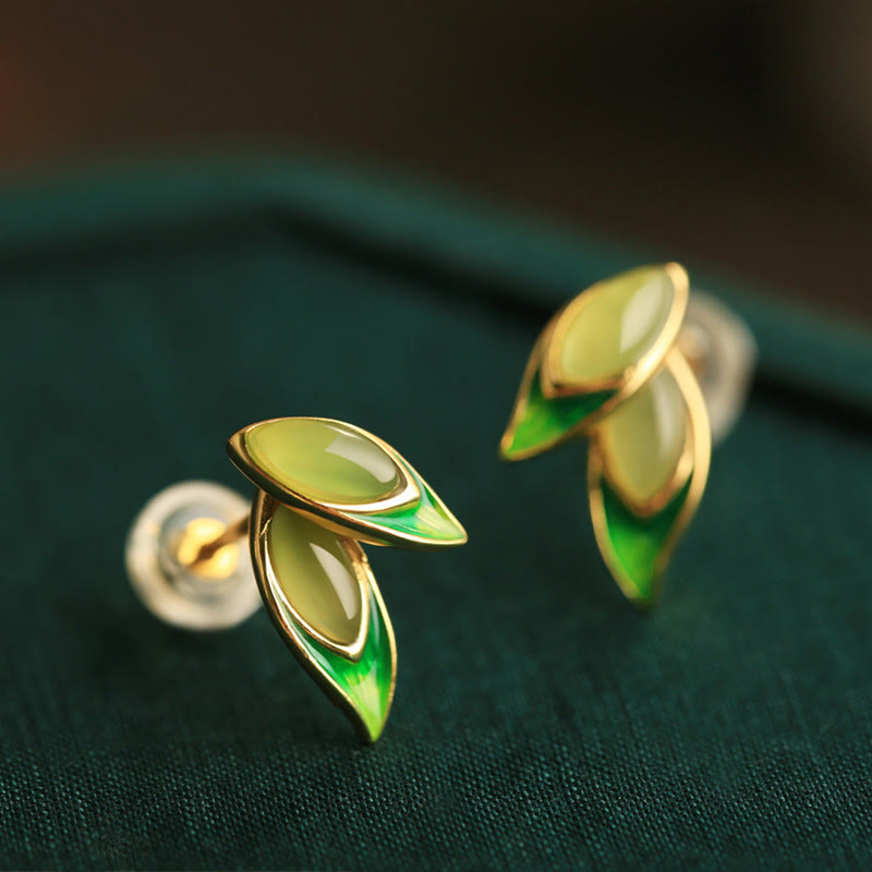Ohrringe Jade Blatt Silber Wohlstand grüne Emaille Schmuck elegant