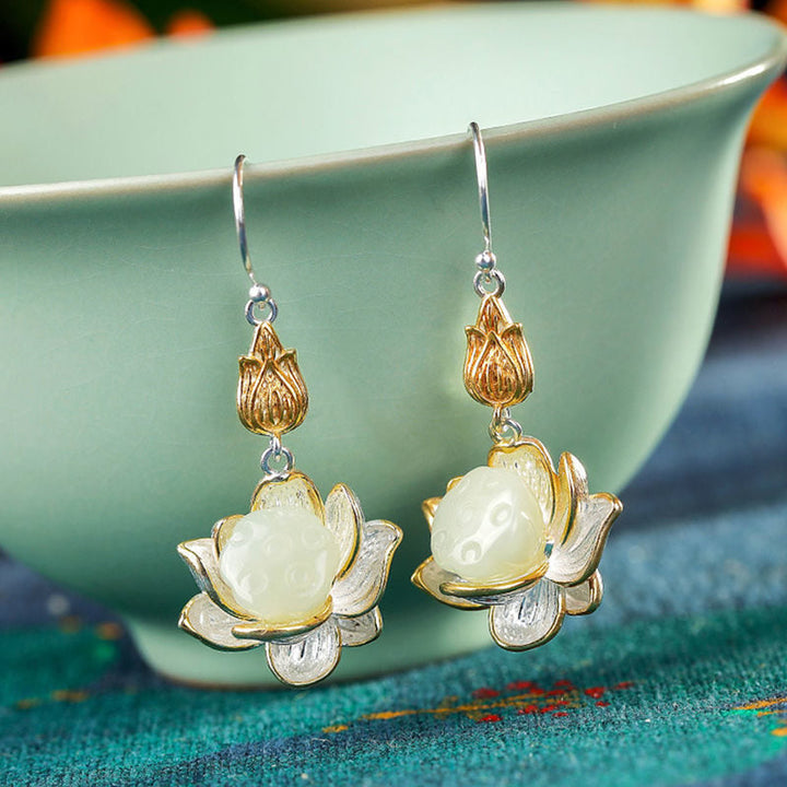 Ohrringe Weißer Jade Tropfen Lotus Silber Gold Boho Schmuck spirituell