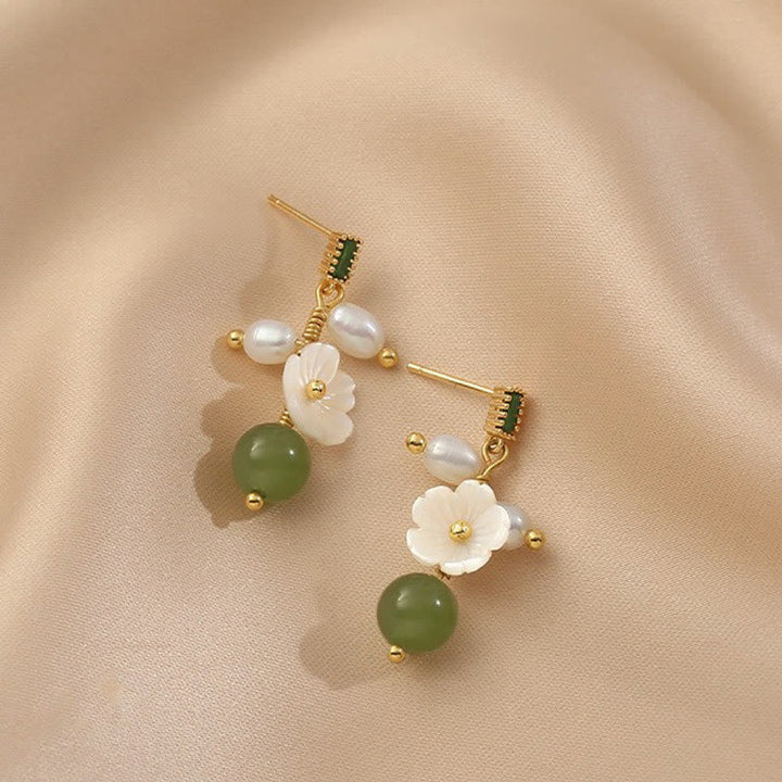 Ohrringe Hetian Jade Perle Blume Gold elegant Boho Schmuck spirituell