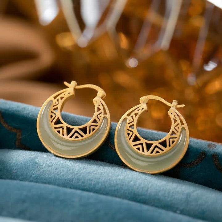 Ohrringe Jade Halbmond gold filigran Boho Schmuck spirituell Creolen
