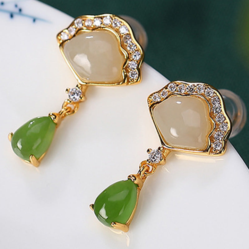 Ohrringe Jade Fächer Tropfen – Glück Gold Zirkonia eleganter Schmuck