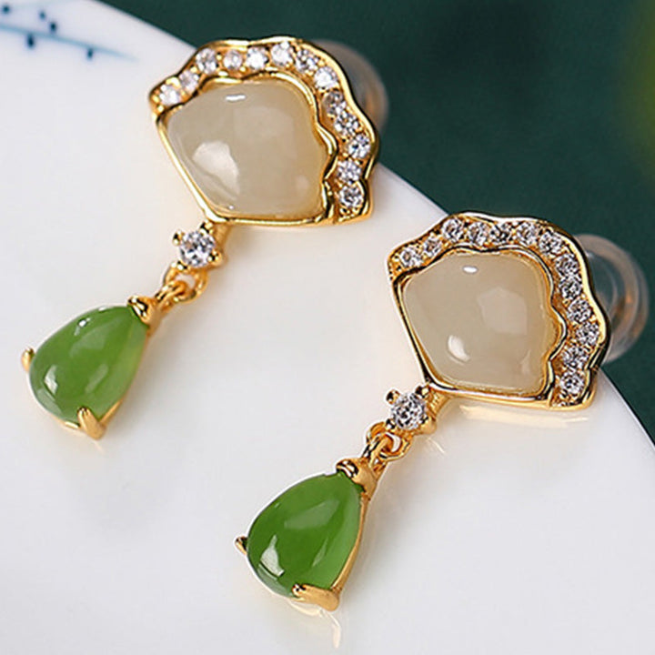Ohrringe Jade Fächer Tropfen – Glück Gold Zirkonia eleganter Schmuck