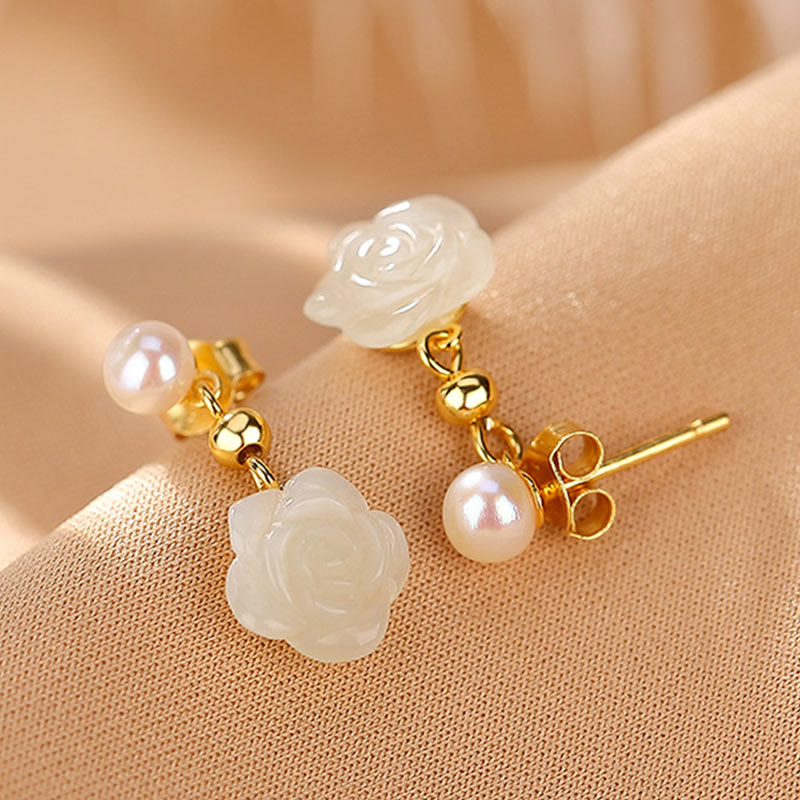 Ohrringe Jade Perle Blume Glück weiße Rose Gold Boho Schmuck