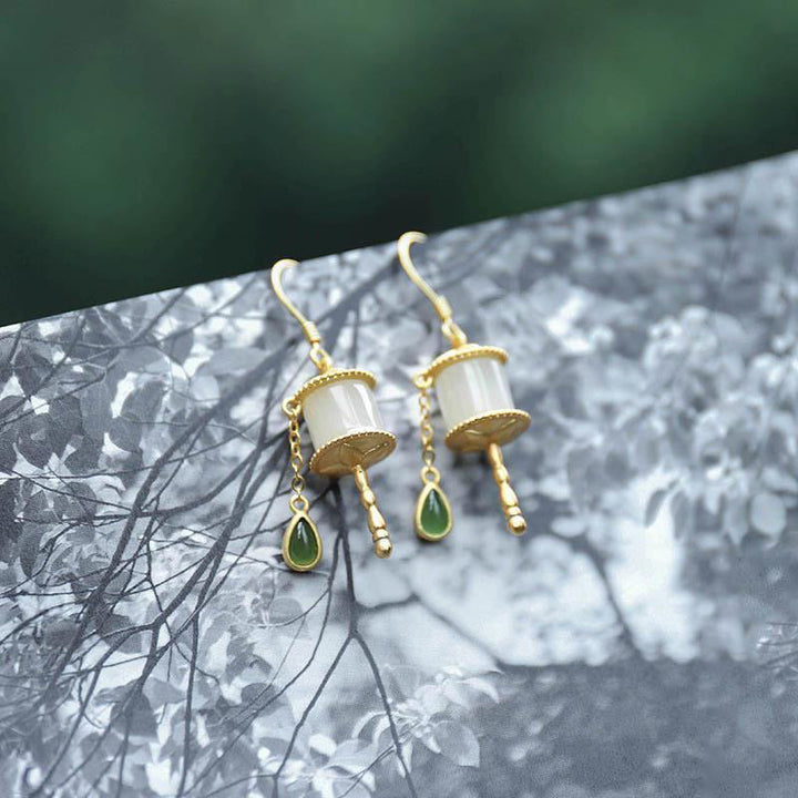 Ohrringe Jade Gebetsmühle gold weiß grün Boho Schmuck spirituell Ohrhänger