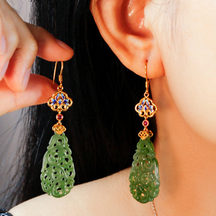 Ohrringe Hetian Jade Emaille Wohlstand getragen Boho Schmuck spirituell Ohrhänger