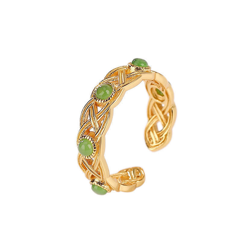 Ring 925 Silber Vergoldete Jade mit grünem Jadenstein Erfolg Glück Schutz