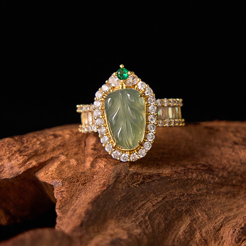 Jade Blatt Ring Kupfer vergoldet Kristall Glück Fengshui