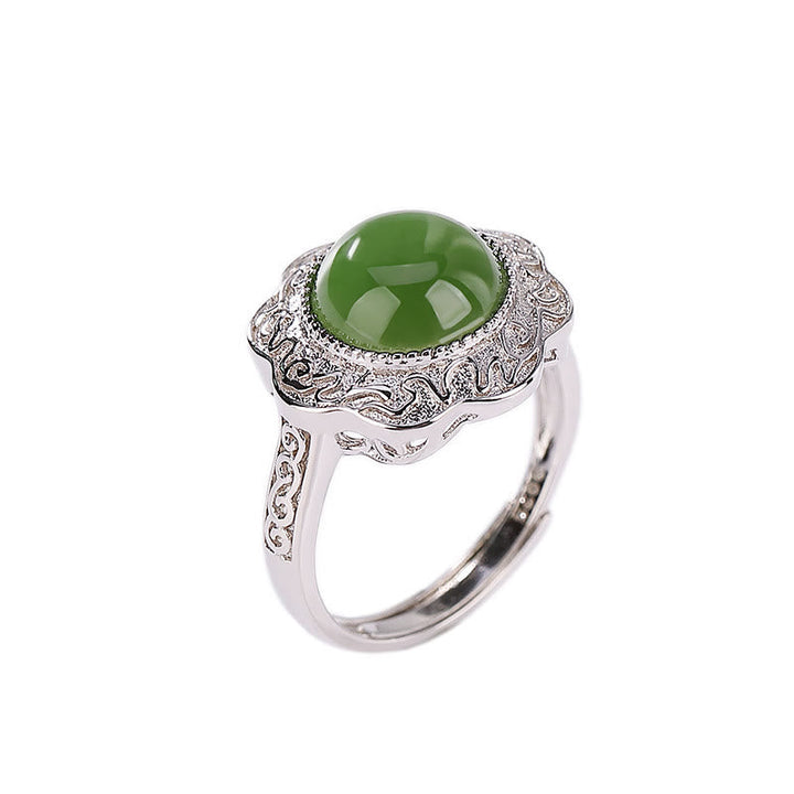 Ring aus 925 Silber mit Hetian Jade Blume Glück Schutz