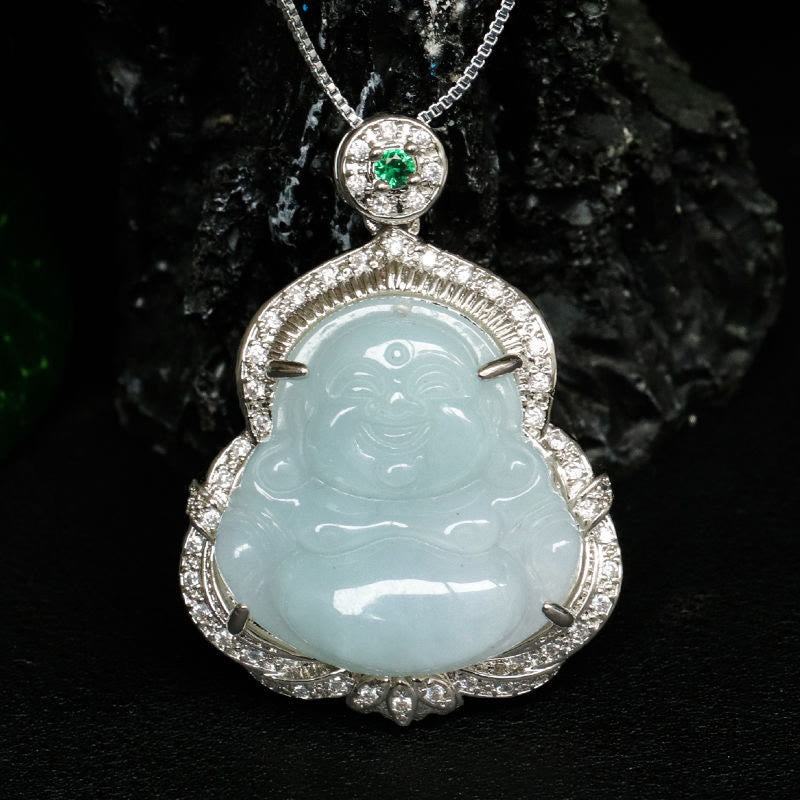 Jade Anhänger Kette Lachender Buddha grün Silber Überfluss Schmuck