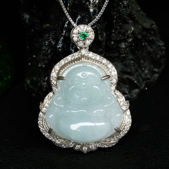 Jade Anhänger Kette Lachender Buddha grün Silber Überfluss Schmuck