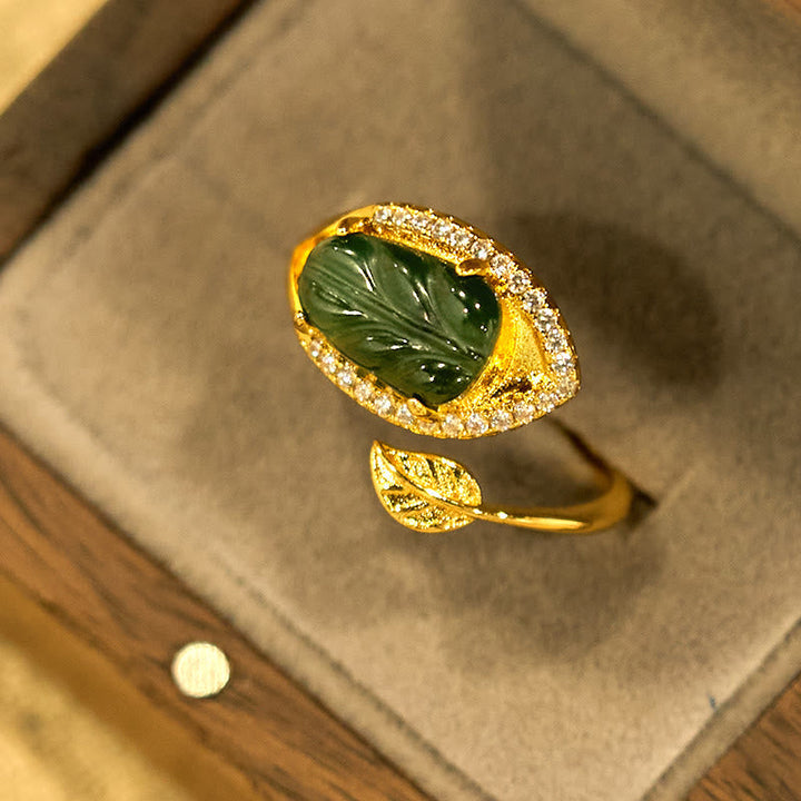 Pixiu Ring Kupfer Jade Blatt Wohlstand Glück Feng Shui