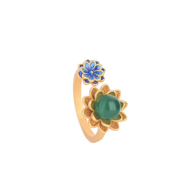 Ring Jade Lotus Muster grün blau Fülle Fengshui Glück