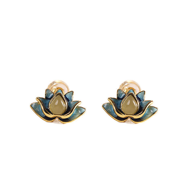 Ohrringe Hetian-Jade Lotus – Erfolg goldener Lotusblüten Ohrstecker spiritueller Schmuck