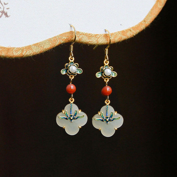 Ohrringe Jade Kleeblatt Kupfer Glück Fülle Boho Schmuck spirituell Ohrhänger