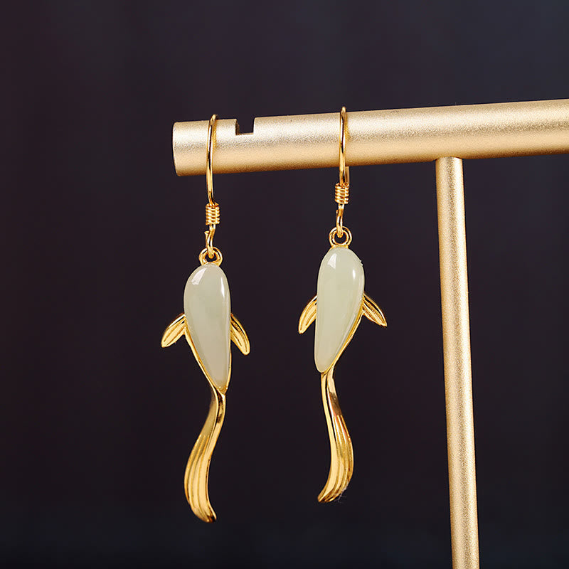 Ohrringe Jade Fisch Glück goldene Ohrhänger Boho Schmuck spirituell elegant