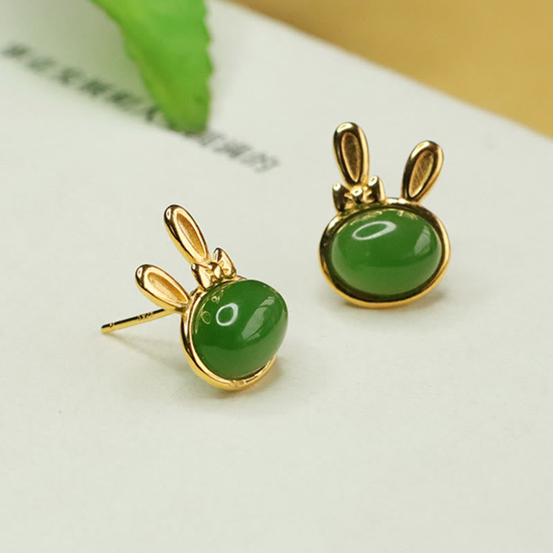 Ohrringe Jade Hase – Glück grüne Edelstein Ohrstecker goldfarben Boho Schmuck