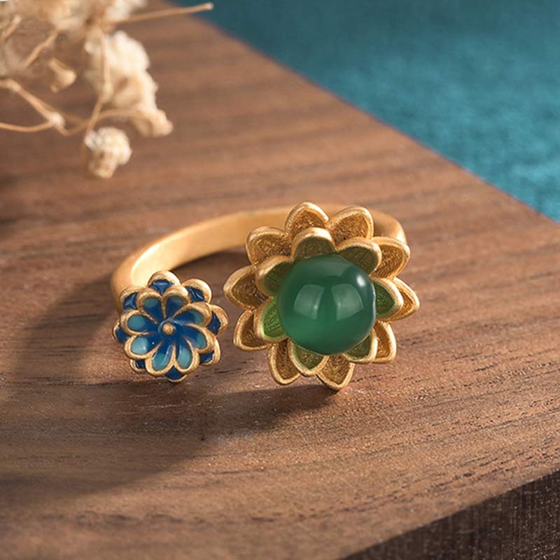 Ring Jade Lotus Muster Gold mit grüner Kugel Fülle Wohlstand