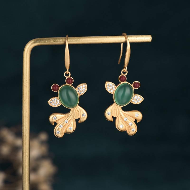 Ohrringe Jade Koi Gold Boho Schmuck spirituell Ohrhänger grün funkelnd