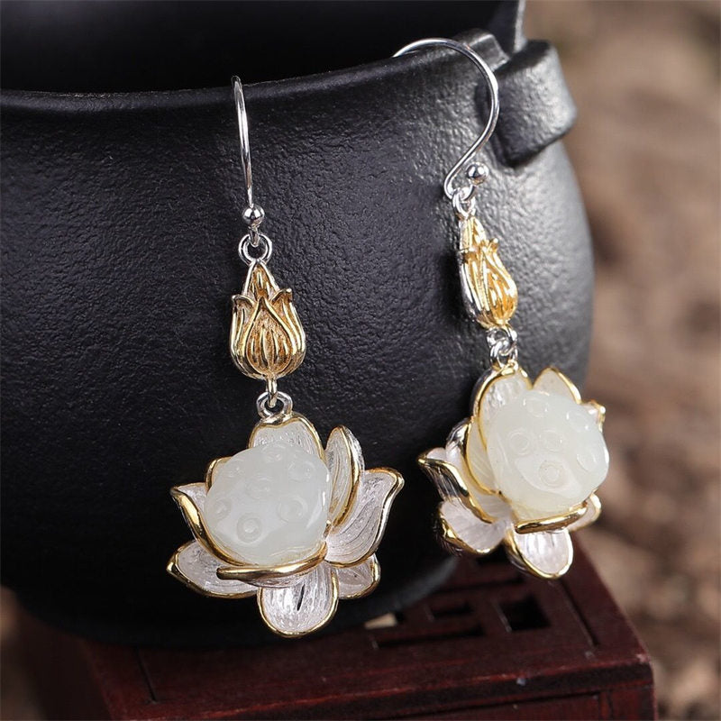 Ohrringe Weißer Jade Tropfen Lotus Silber Gold Boho Schmuck spirituell