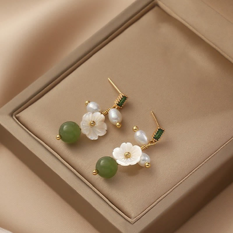 Ohrringe Hetian Jade Perle Blume gold elegant Schmuck spirituell Boho