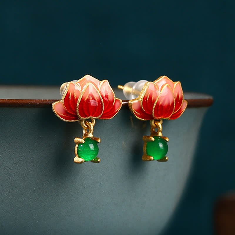 Ohrringe Jade Lotus Emaille – Neuanfang rote Blüte grüner Stein Boho