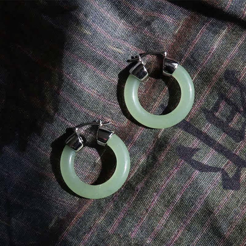Ohrringe Weißer Jade Wohlstand Silber Creolen Boho Schmuck spirituell