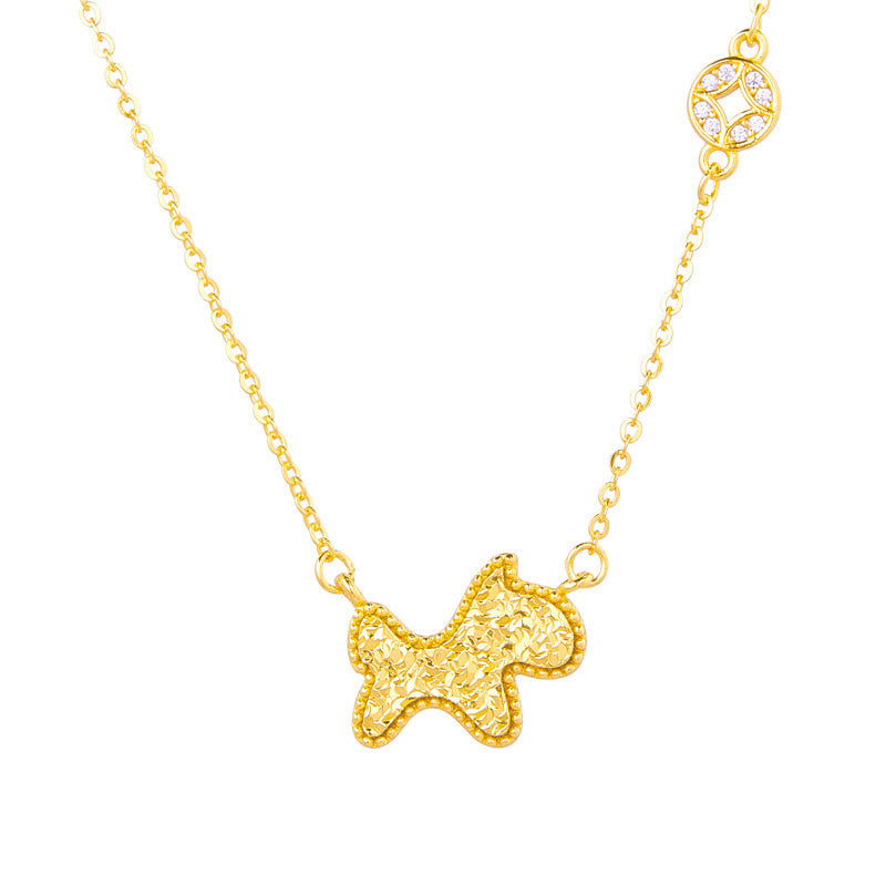 Feine goldene Kette mit Pferd Anhänger Chinesischer Zodiak Münze Sternzeichen