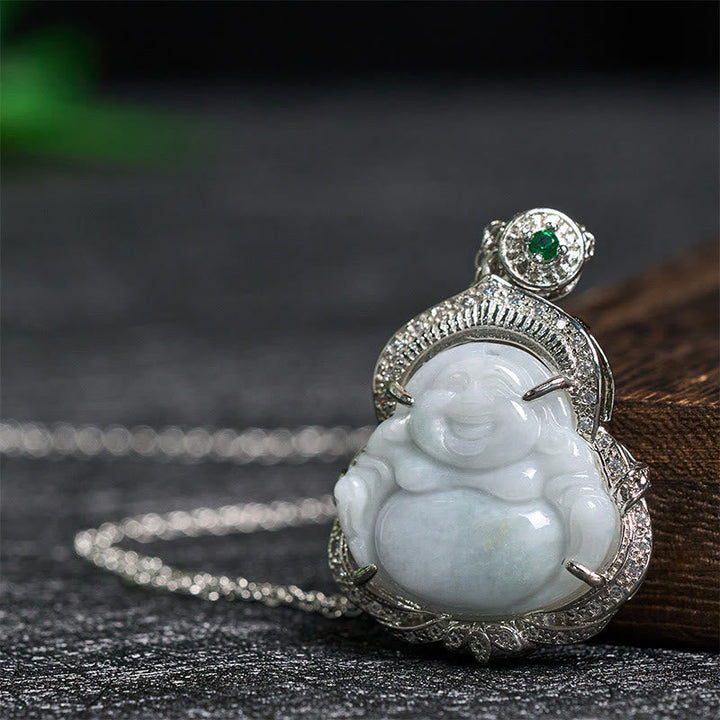Jade Lachender Buddha Anhänger an Perlmuttkette feiner Naturstein