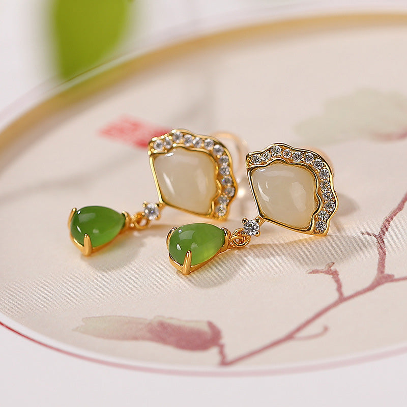 Ohrringe Jade Fächer Tropfen – Glück goldene Ohrhänger Boho Schmuck spirituell