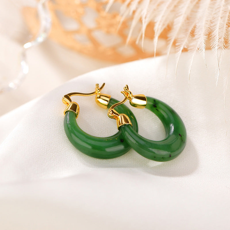 Ohrringe Hetian Jade Glück grüne Creolen Gold spirituell Boho Schmuck