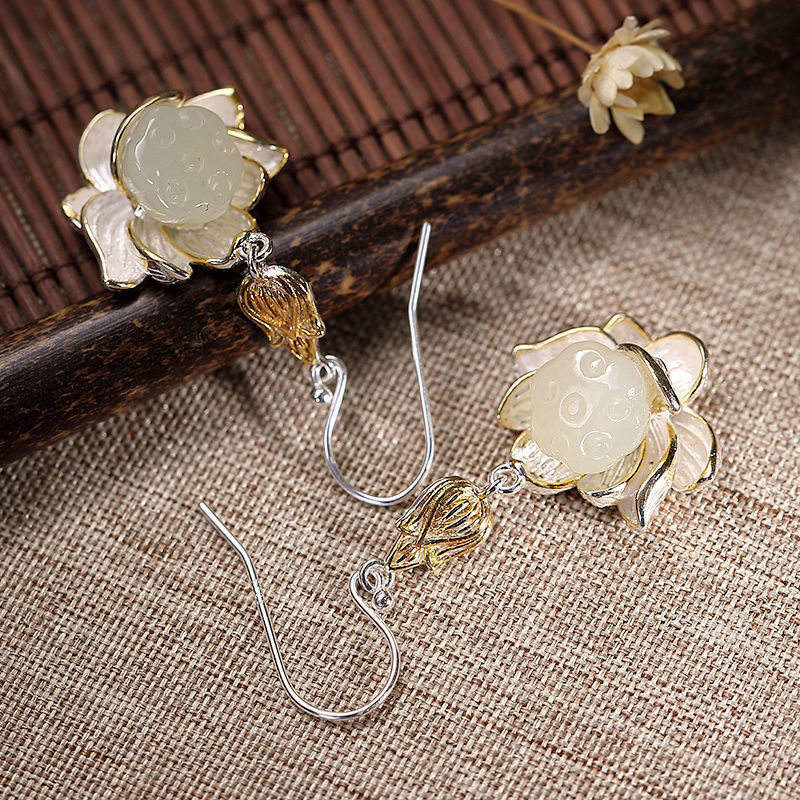 Ohrringe Weißer Jade Tropfen Lotus Silber Boho Schmuck spirituell Ohrhänger