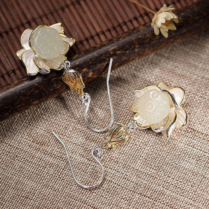 Ohrringe Weißer Jade Tropfen Lotus Silber Boho Schmuck spirituell Ohrhänger