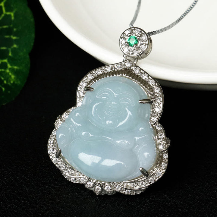 Jade Anhänger Kette Lachender Buddha grüner Naturstein Jadeite Überfluss