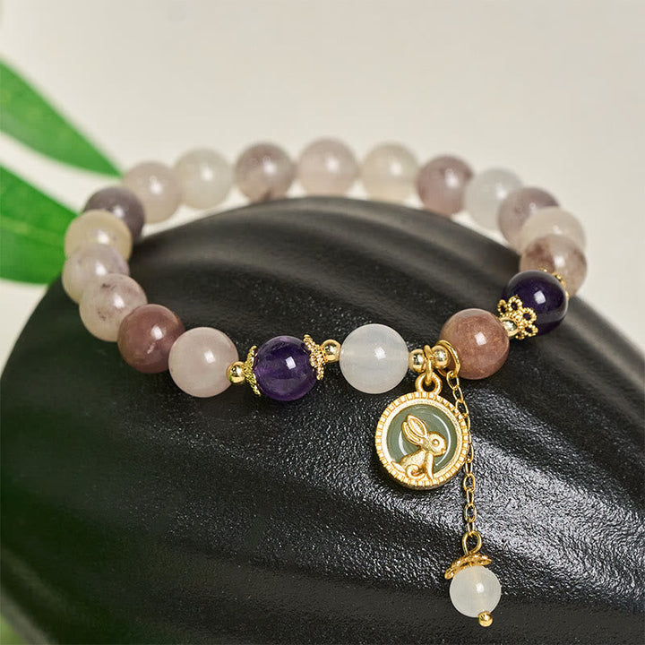 Armband Jade Fu-Zeichen mit Amethyst Rosenquarz Perlen goldener Hase Anhänger
