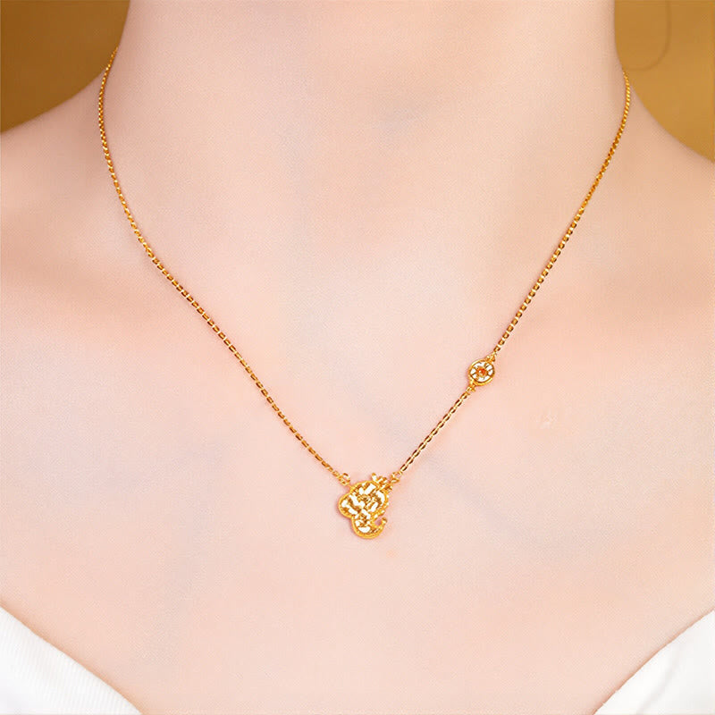 Goldene Kette mit Anhänger Glücksbringer Chinesischer Zodiak Münze Charmante Edelsteine