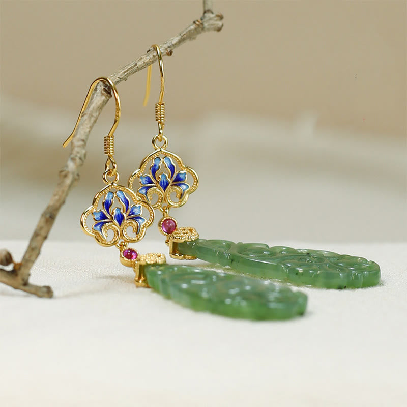 Ohrringe Hetian Jade Emaille – Wohlstand goldene Cloisonné Ohrhänger Boho Schmuck