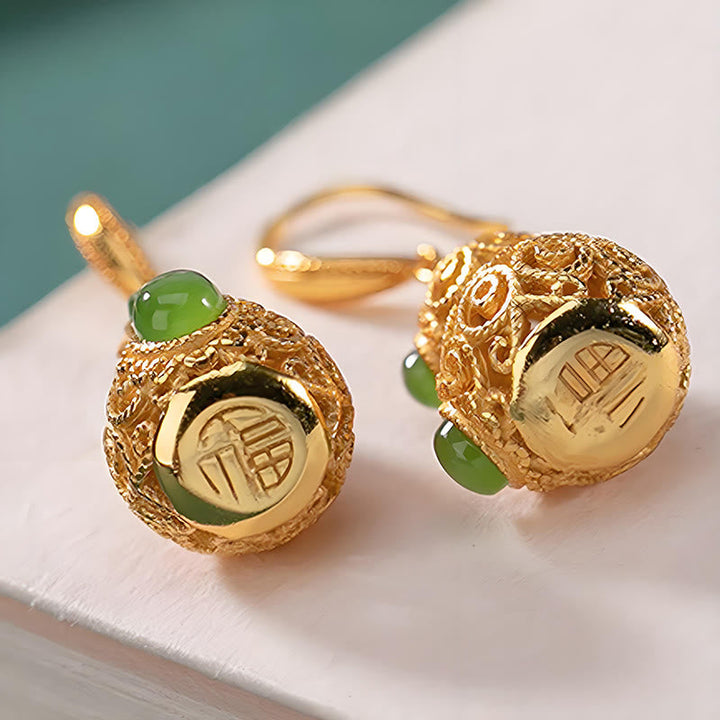 Ohrringe Jade Kupfer Kalebasse – Wohlstand goldfarben filigran Schmuck spirituell