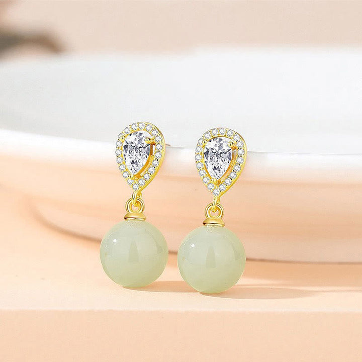 Ohrringe Hetian Jade Tropfen Wohlstand grüne Perle Gold Zirkonia Schmuck