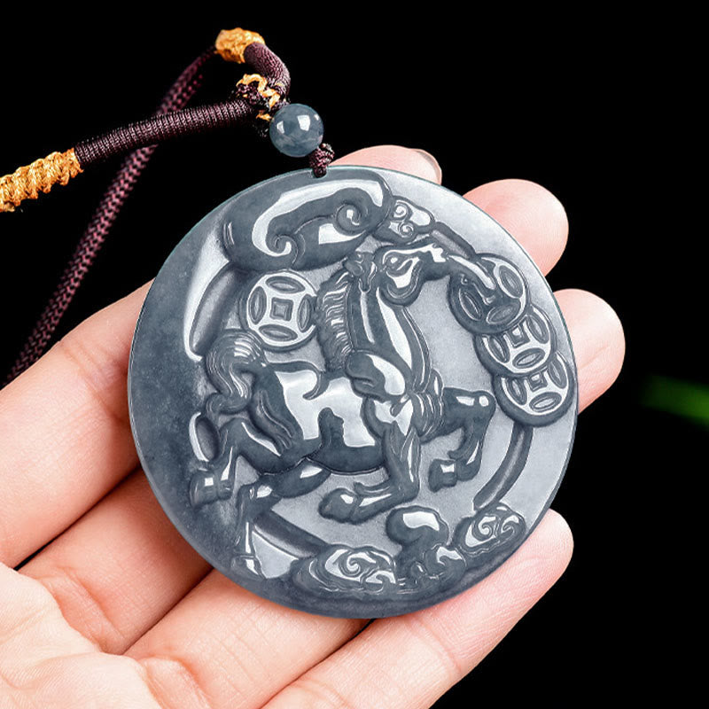 Jade Kette mit Pferd Glückmünze Anhänger Wohlstand Naturstein