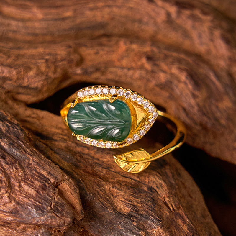 Ring Kupfer Jade Blatt – Wohlstand grüner Stein elegant geschliffen
